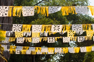 Yellow and white hanging paper decorations